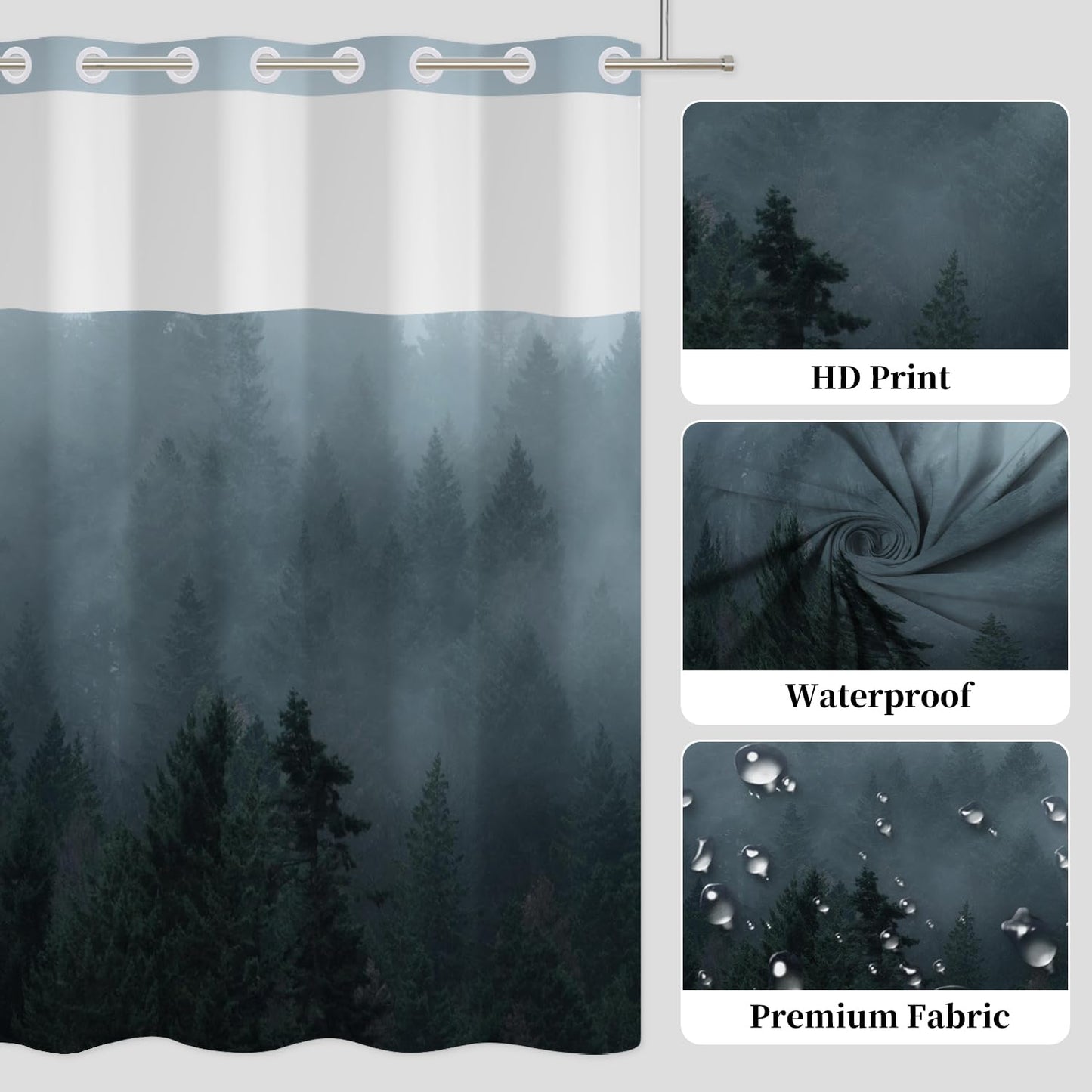 NAEMBCU No Hook Forest Shower Curtain with Snap in Liner Set, Waterproof Fabric Shower Curtain with Mesh Top Window, Misty Pine Tree Landscape Bath Curtain, Nature Woodland Bath Decor 71x74 Inch