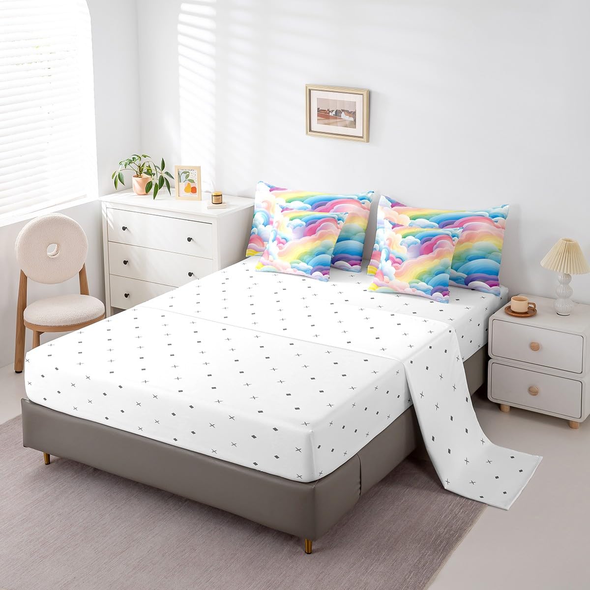 Erosebridal Girls Rainbow Full Bedding Sets 7-Piece Colorful Cloud Comforter Set Cartoon Kawaii Geometric Stripe Comforter Set with Sheets Pink Pastel Bed in A Bag Blue Pink Bed Sheets Set Cozy