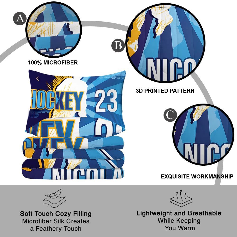 WAZARO Custom Amazing Ice Hockey Comforter Set, Personalized Hockey Bedding Twin Full Queen King, Hockey Decorations for Boys Room Bedspreads Sport Home Decor (Cool Hockey Player)