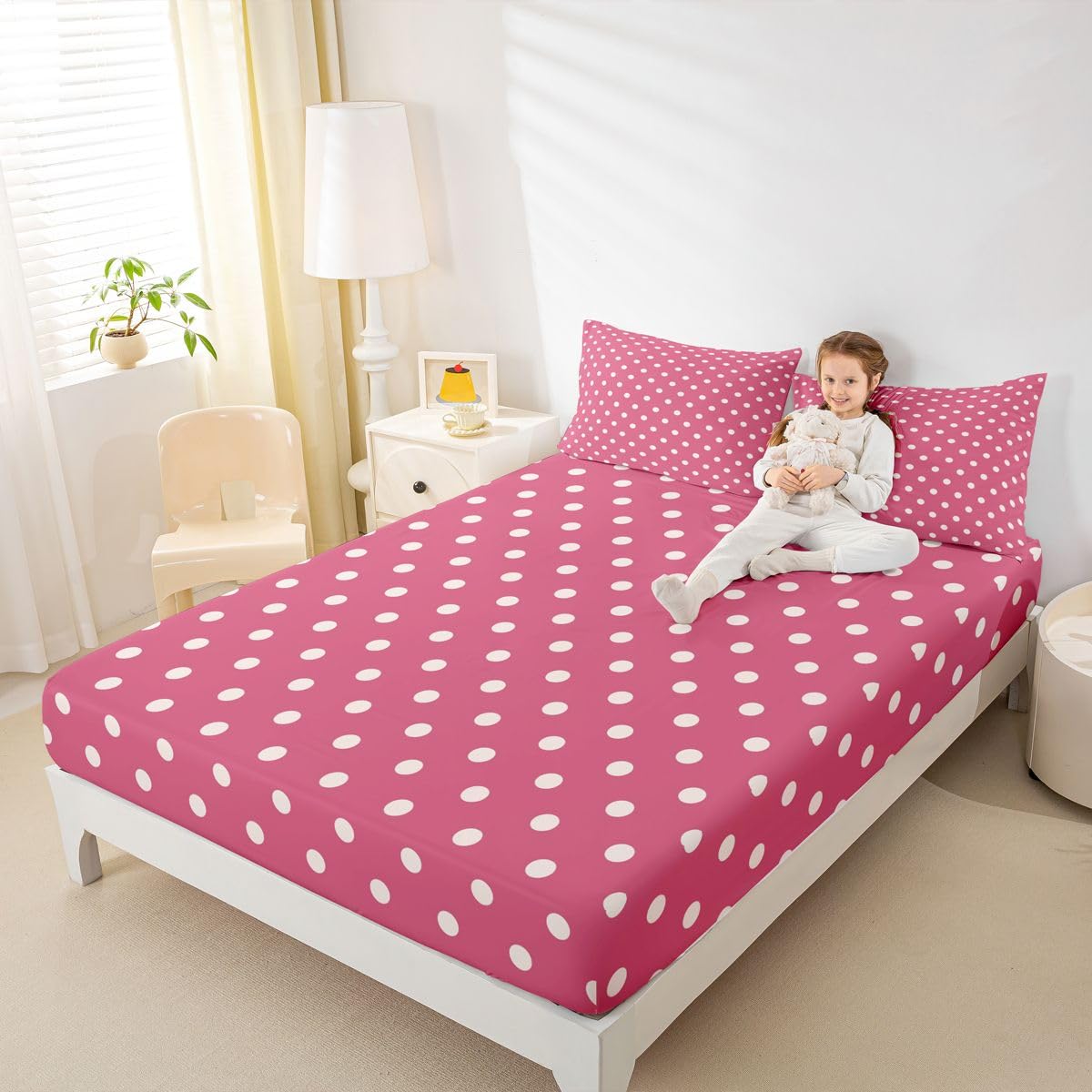 jejeloiu Pink White Polka Dot Fitted Sheet with 2 Pillowcases Full Size Retro Cute Polka Dot Bed Sheets Set 16" Deep Pocket Boys Girls Geometric Bedding Luxury Teens Bedroom Decor Breathable Soft
