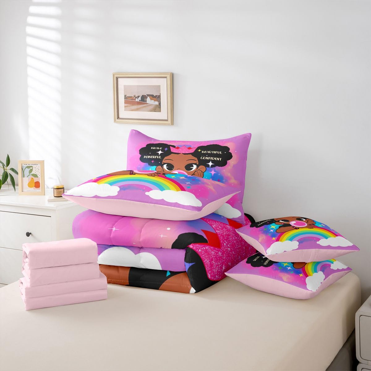 Erosebridal Black Girls Magic Queen Bedding Set Coloful Rainbow Comforter Set with Flat and Fitted Sheet Teen Kids Trendy Glitter Stars Print 7-Piece Bed in a Bag Empowering Quote Quilt Sets
