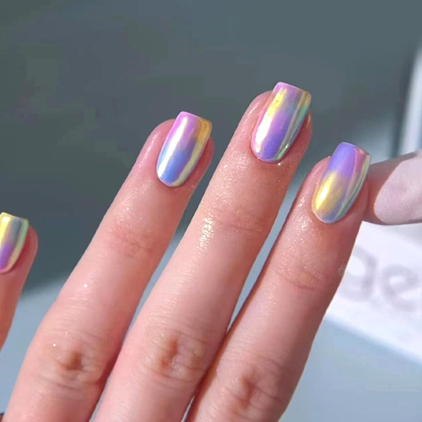 Medium Press on Nails Square Fake Nails with Purple Blue Yellow Gradient Design Acrylic Nail Press ons Full Cover Glossy Artificial Stick on Nail for Women 24Pcs