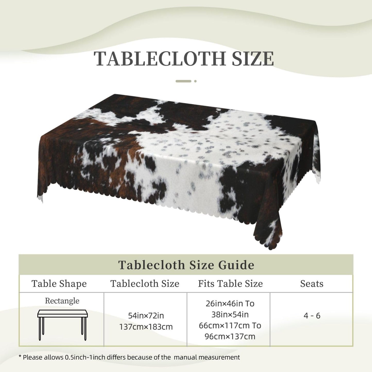 GOUROISE White and Brown Cow Print Rectangular Tablecloth, Animals Skin 54x72 Inch Wavy Lace Border Polyester Table Cloth for Dining, Kitchen, Parties