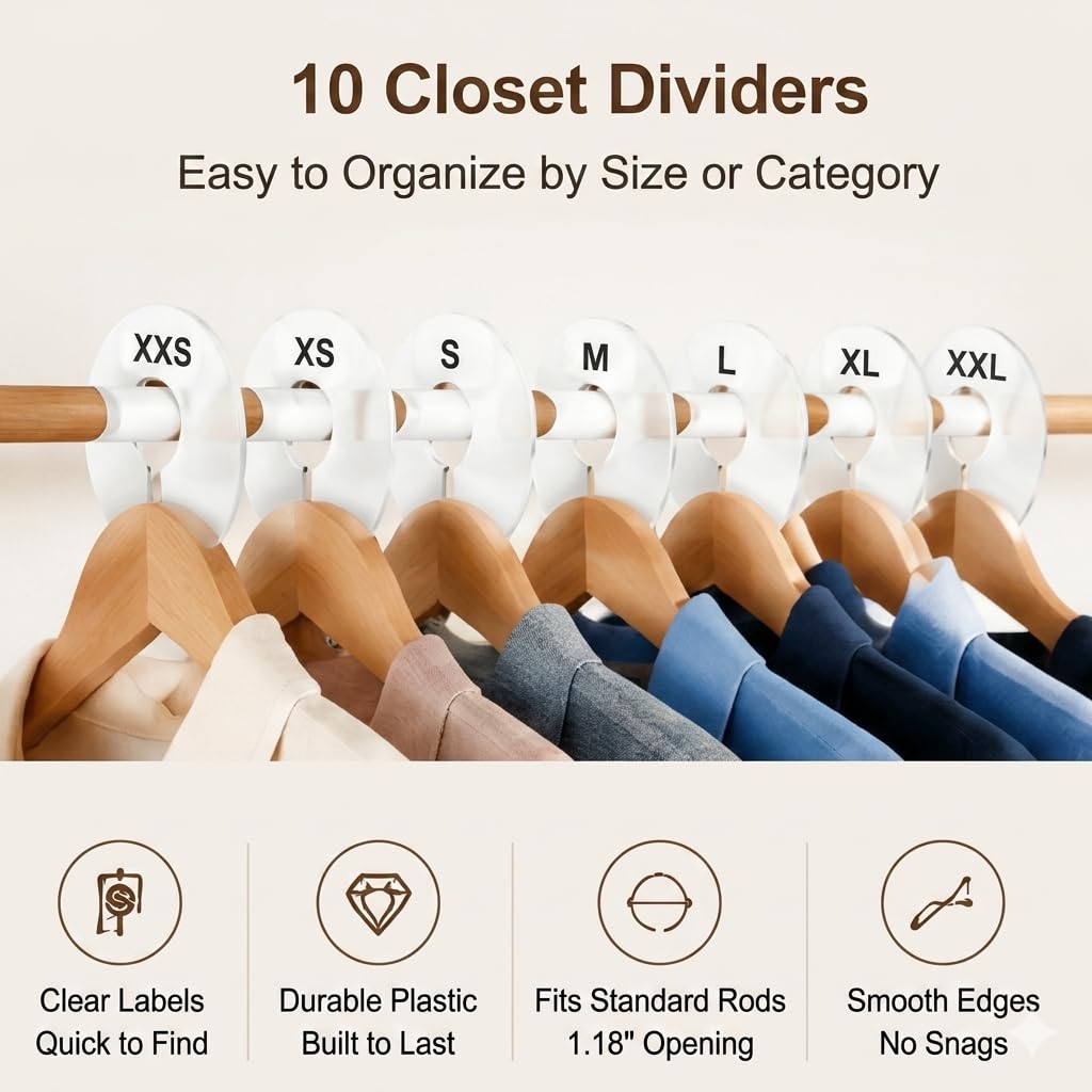Closet Organization Set, 10 Pack Closet Dividers for Hanging Clothes + 10 Pack Clear Acrylic Shelf Dividers, Wardrobe Organizer for Clothes, Sweaters, Handbags, Towels & Nursery Storage