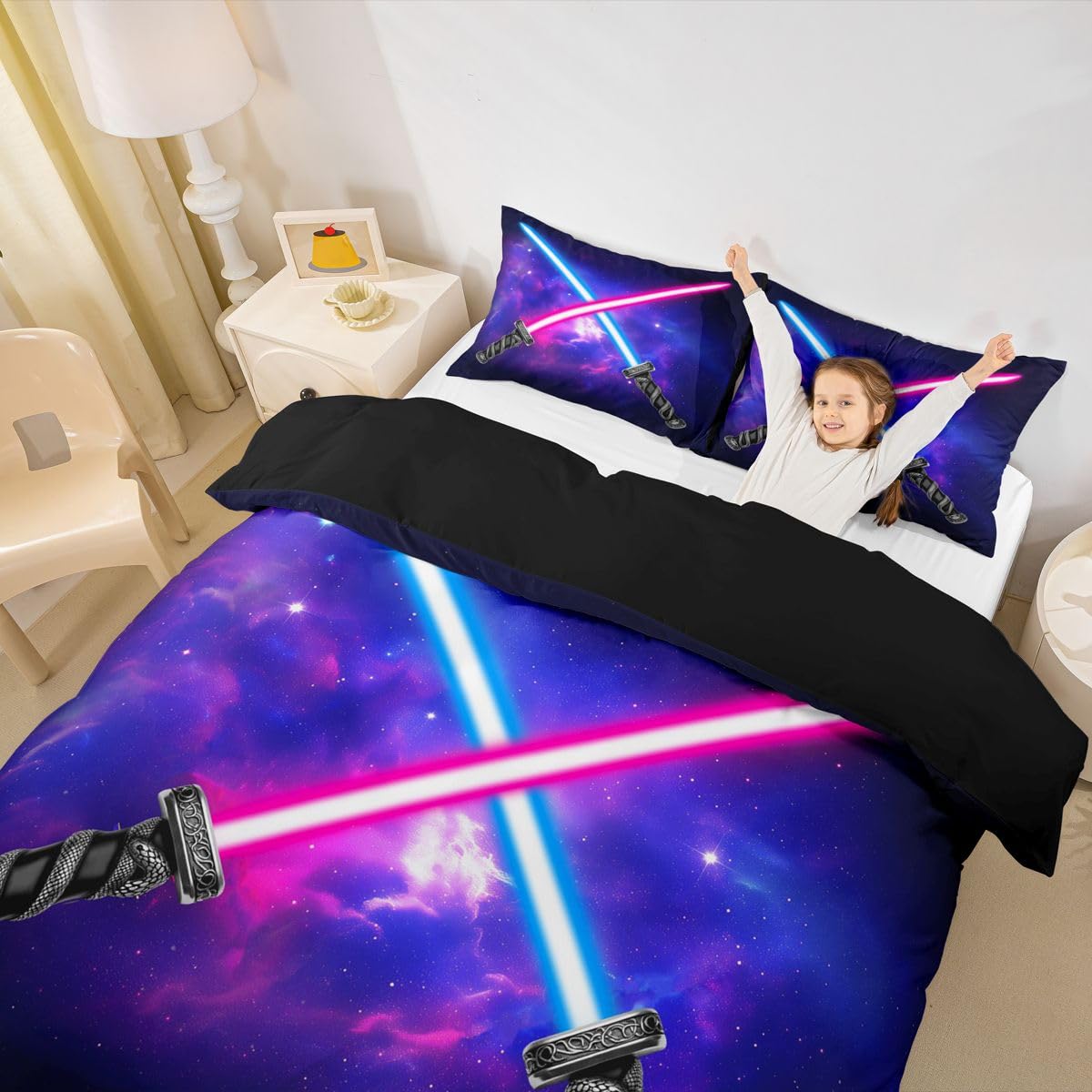Manfei Kids Lightsaber Duvet Cover Set Queen Size Light Saber Sword Bedding Set 3pcs for Boys Teens, Blue Purple Starry Sky Comforter Cover Galaxy Outer Space Bedspread with 2 Pillowcases,No Comforter