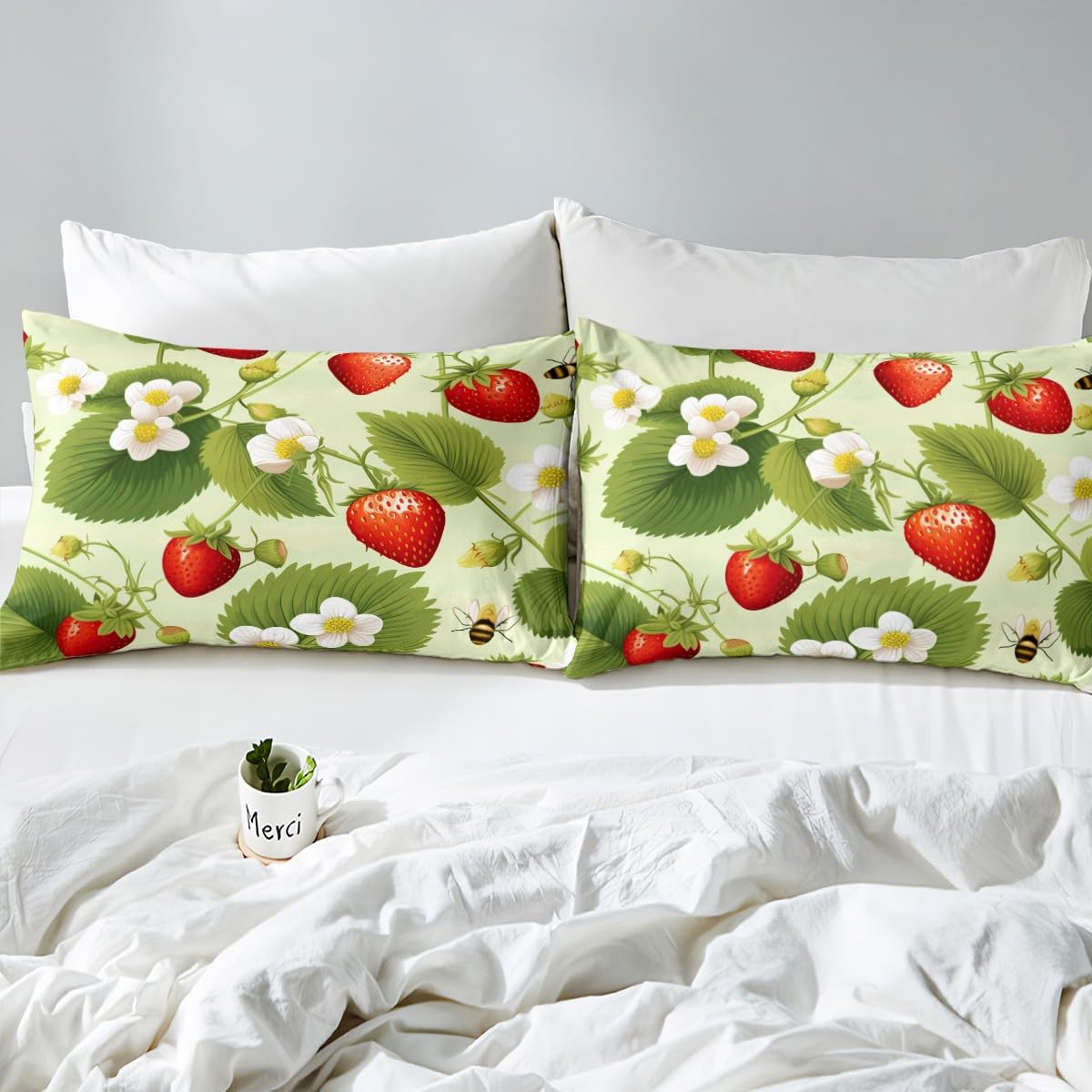 Feelyou Strawberry with Floral Bedding Fitted Sheet Fruit Bed Sheet Set for Kids Girls Botanical Flora Leaves Bedding Sheets Soft Bed Cover 1 Bed Sheet Set with 2 Pillowcases Full Size