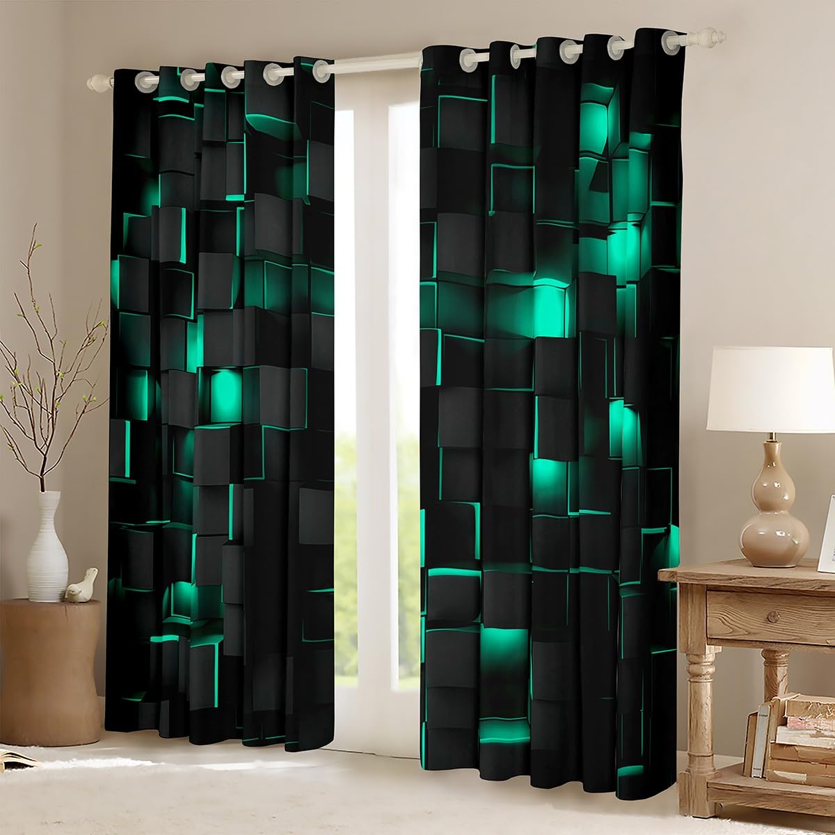 Feelyou Teal Blue and Black Darkening Drapes (2 Panels, 52 x 63 Inch) Light Geometric Curtains for Bedroom Living Room Blackout Curtains for Modern Window Treatments