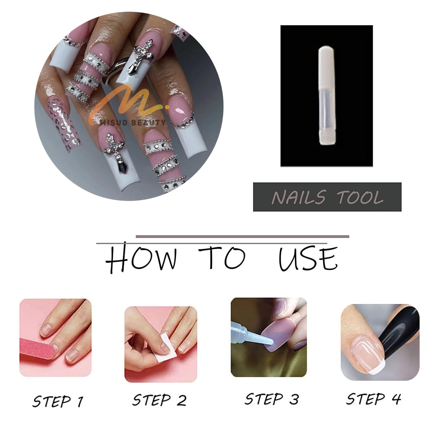 MISUD Press on Nails - Long Square Glue on Nails with White French Tip, Acrylic Y2K Cross Design 24 pcs