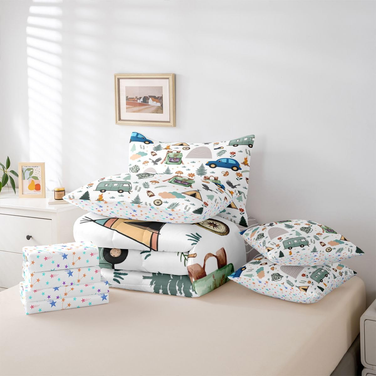 Feelyou Camper Theme Comforter Set With Sheets 7 Piece Twin Size Happy Camping Bedding Set for Kids Boys Girls Car Rv Accessories Bed in a Bag Mountain Adventure Room Decor Soft Lightweight Microfiber