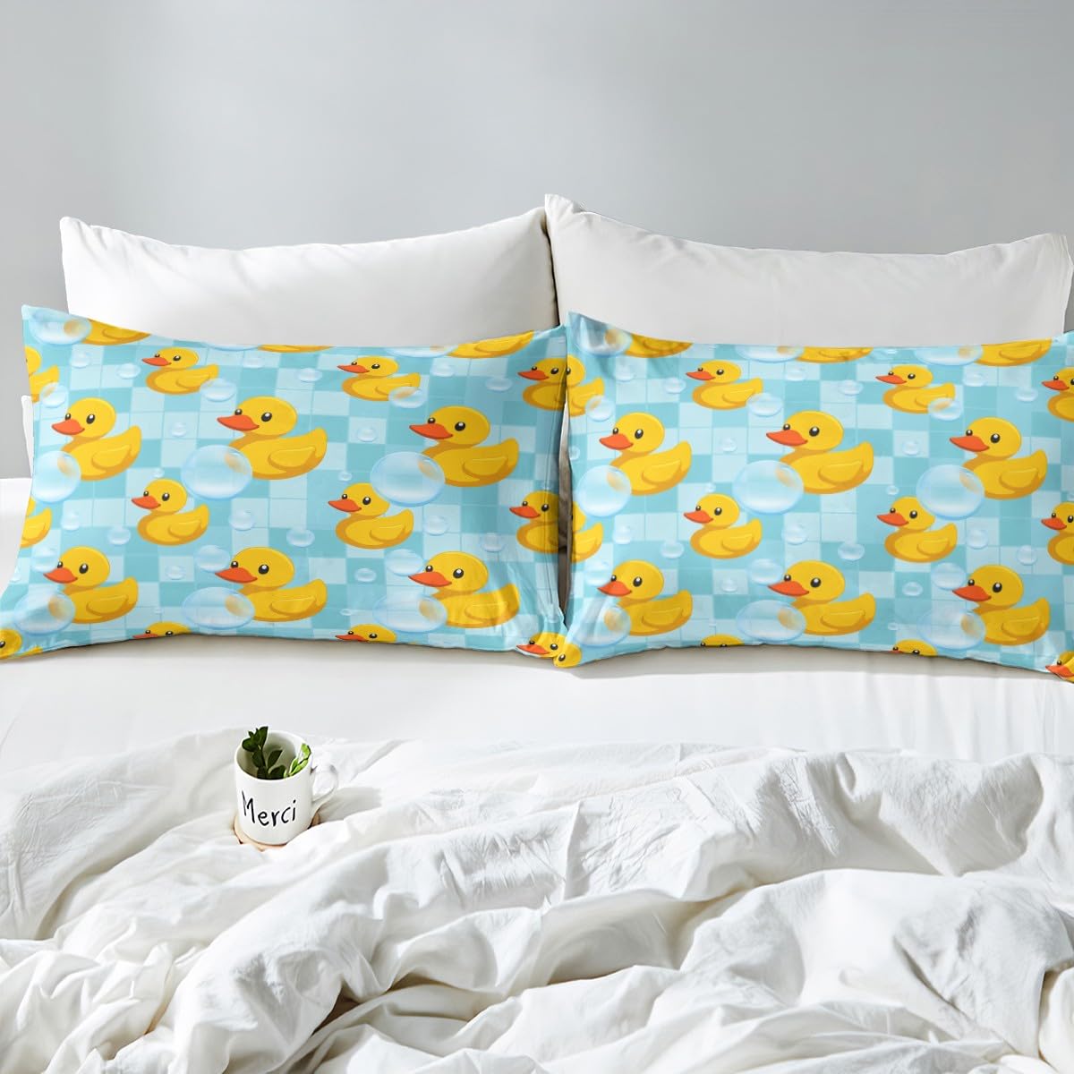 Erosebridal Kids Cute Yellow Duck Bed Sheets Full Size Boys Girls Blue Grid Plaid Flat Fitted Sheet Farmhouse Pet Animal Sheet Set Cartoon Ducks Sheets for Teens