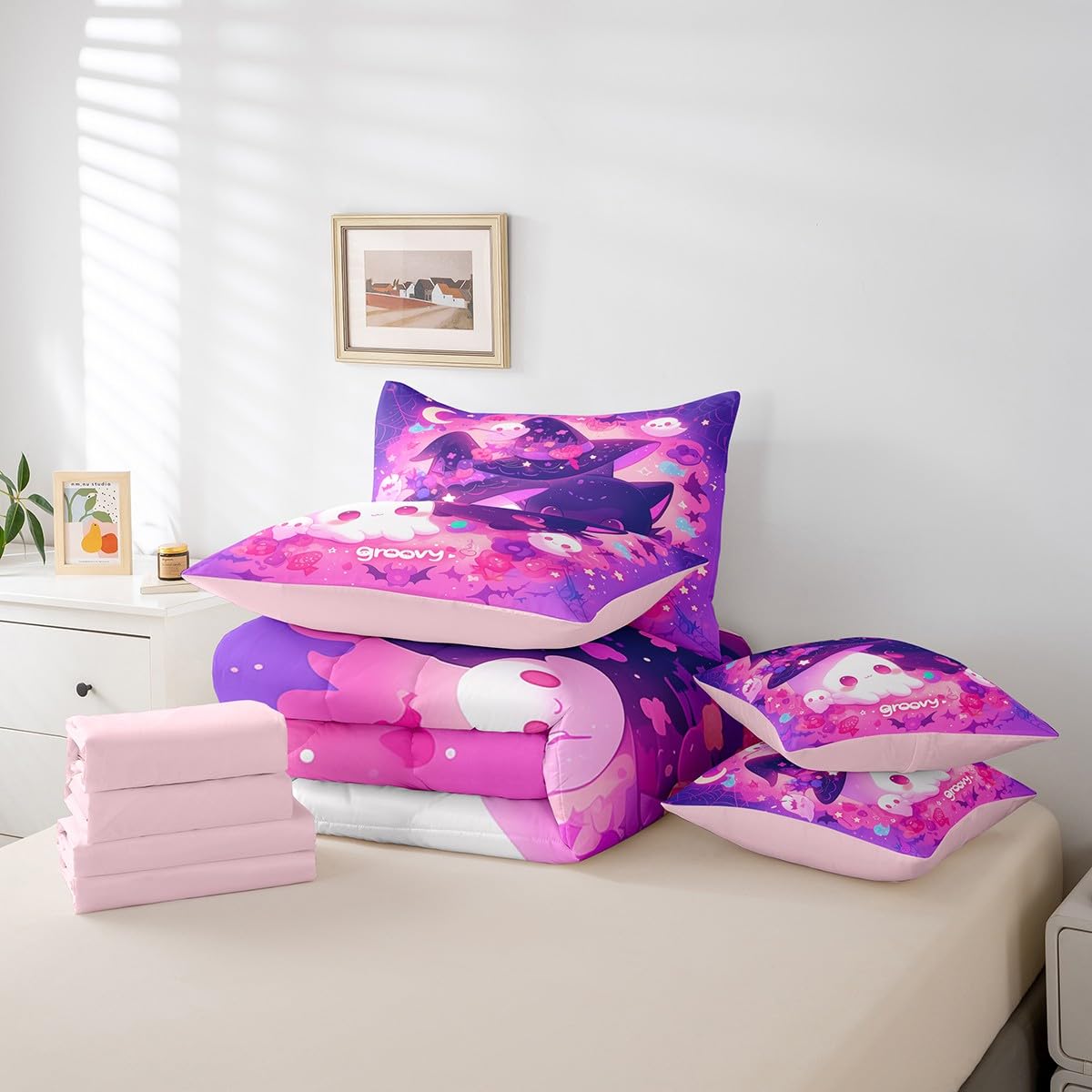 Feelyou Happy Halloween Comforter Set with Sheets Twin Cute Groovy 7 Piece Bedding Set for Kids Boys Girls Teens Sweet Purple Bed in a Bag Bat Bed Set