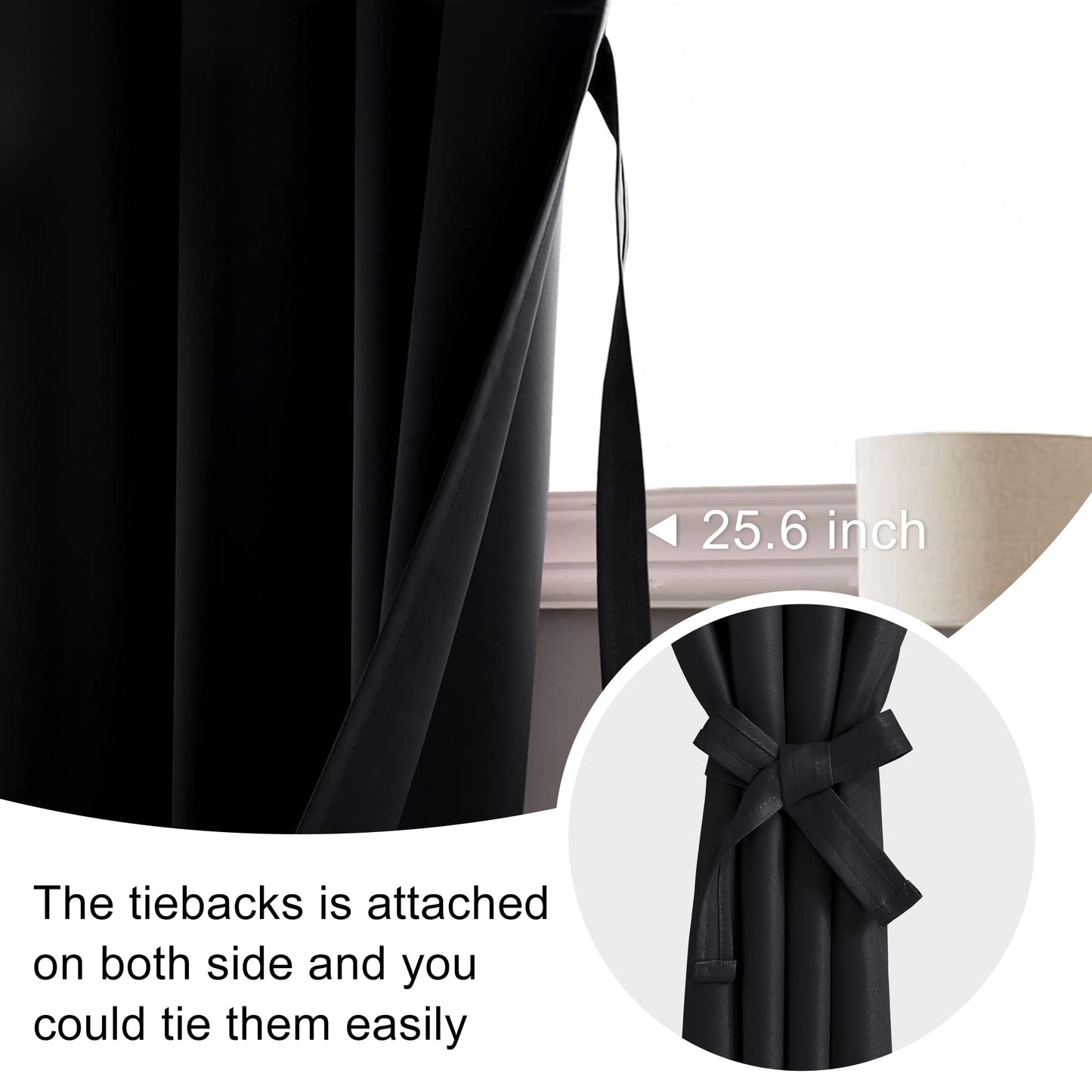 JIUZHEN Blackout Curtains for Bedroom– Thermal Insulated,Noise Reducing Room Darkening Rod Pocket Curtains for Living Room, Set of 2 Panels with Tiebacks, 42 x 63 inch Long, Black