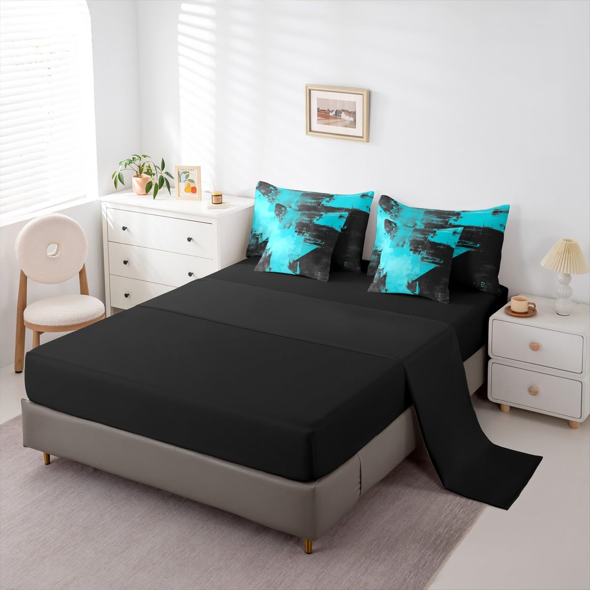 Feelyou Abstract King Comforter Set with Sheets for Kids Boys Girls Modern Abstract Art 7 Pieces Bedding Set Luxury Bed in a Bag Geometric Room Decor Lake Blue Soft Lightweight Microfiber