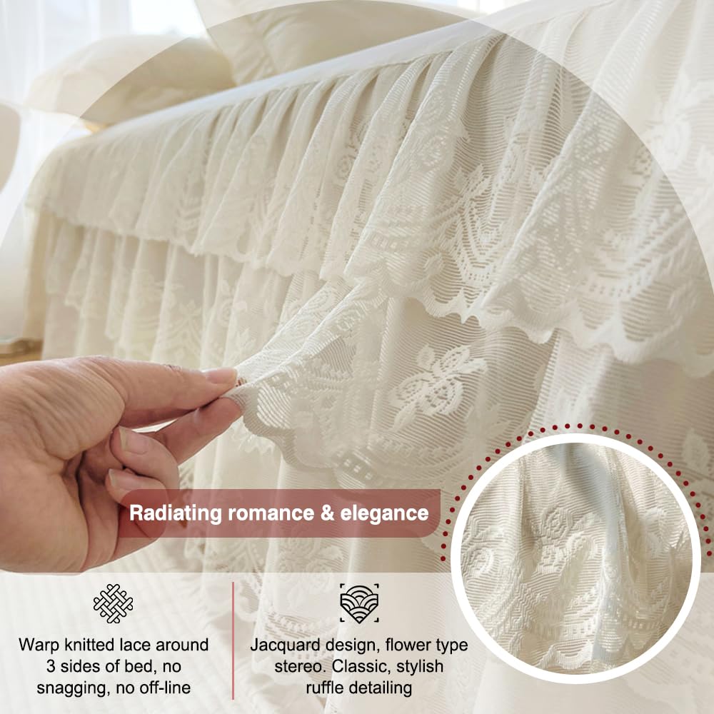 Three Layers Lace Bed Sheet Skirt for Queen Bed - 17in. Drop, Ruffle Bed Skirt Wrap Around Bed Skirt, Anti Wrinkle