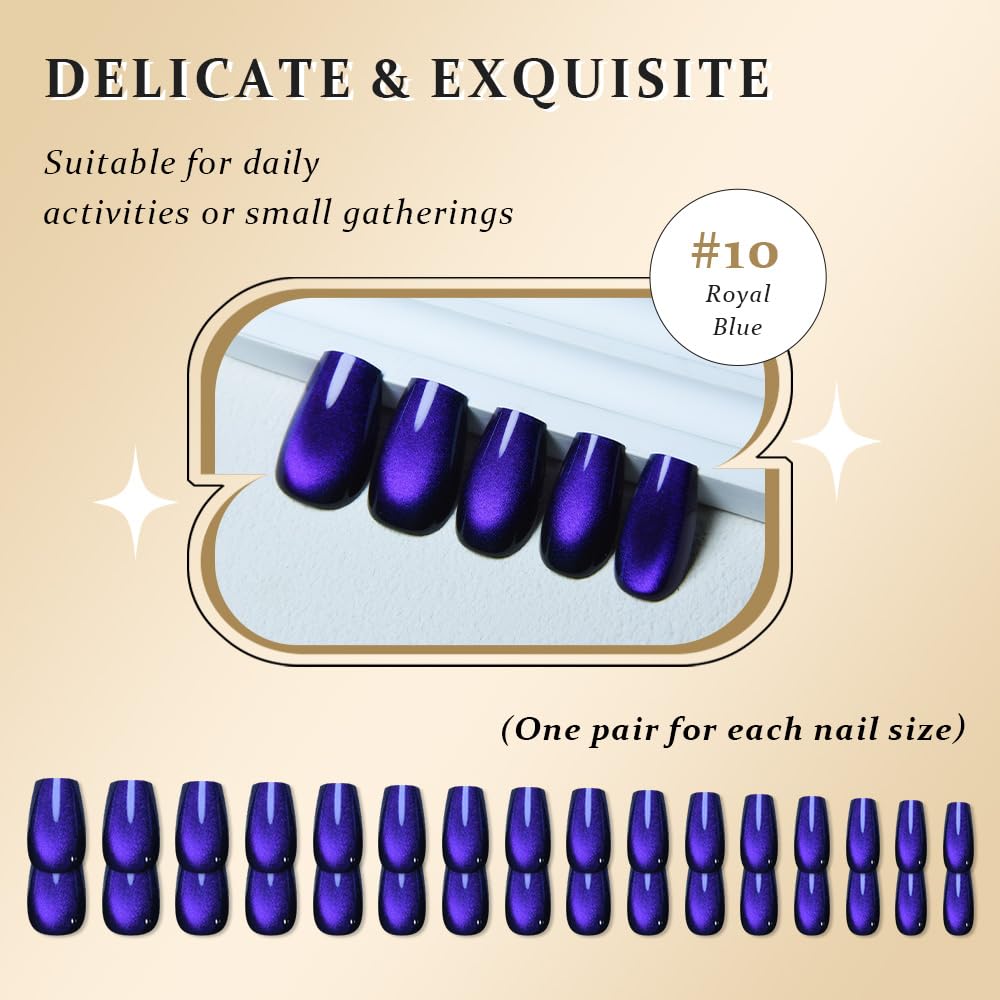 evpct Royal Blue Cat Eye Coffin Press on Nails Medium Square No Glue, Medium Square Stick on Nail for Women, Royal Blue Metallic Glitter Glossy Reusable Soft Press on Acrylic Fake Nails with Designs