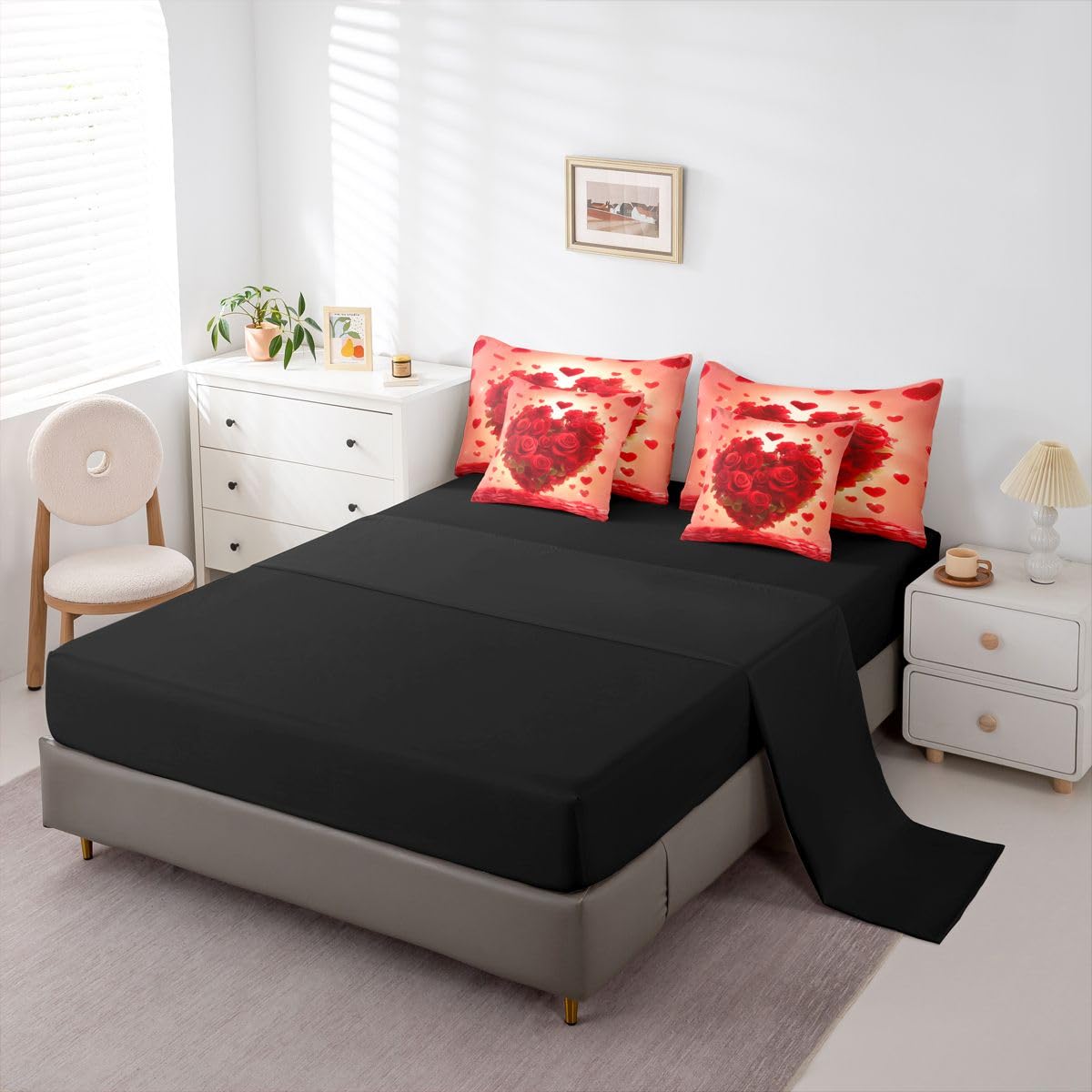 Erosebridal Romantic Red Roses Queen Bed in A Bag 7 Piece Valentine Day Comforter Set with Sheets Love Heart Pattern Rose Bedding Sets for Women Men Adults,Cute Love Heart Florals Bed Set
