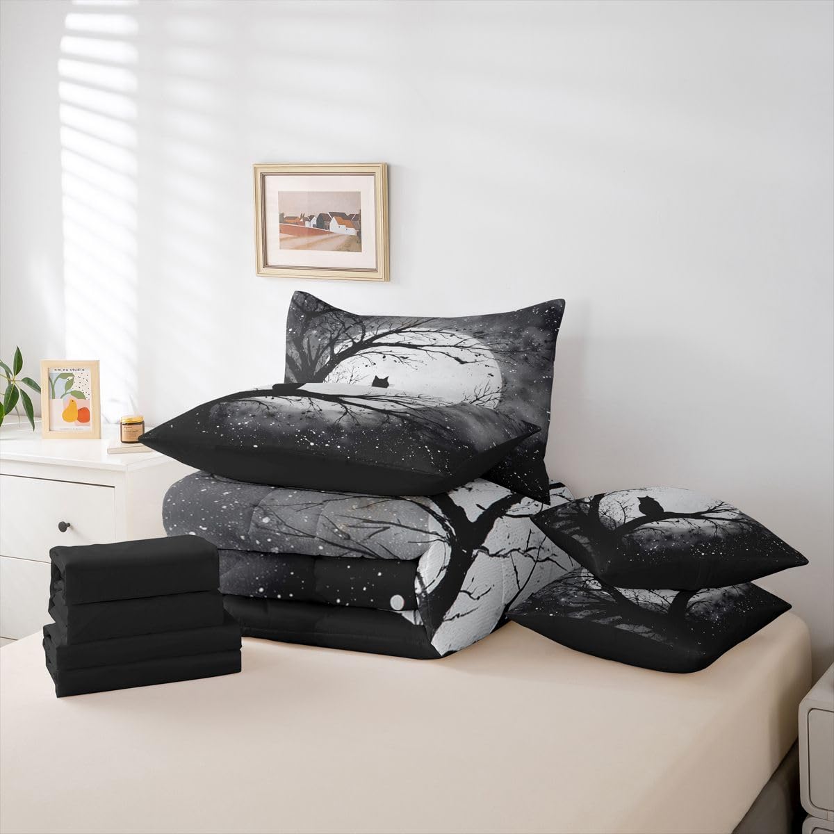 Erosebridal Halloween Black Cat 7-Piece Bedding Set Full Size Gothic Midnight Black Cat Bed in a Bag Midnight Full Moon Comforter Set with Sheets Tree Branches Duvet Insert