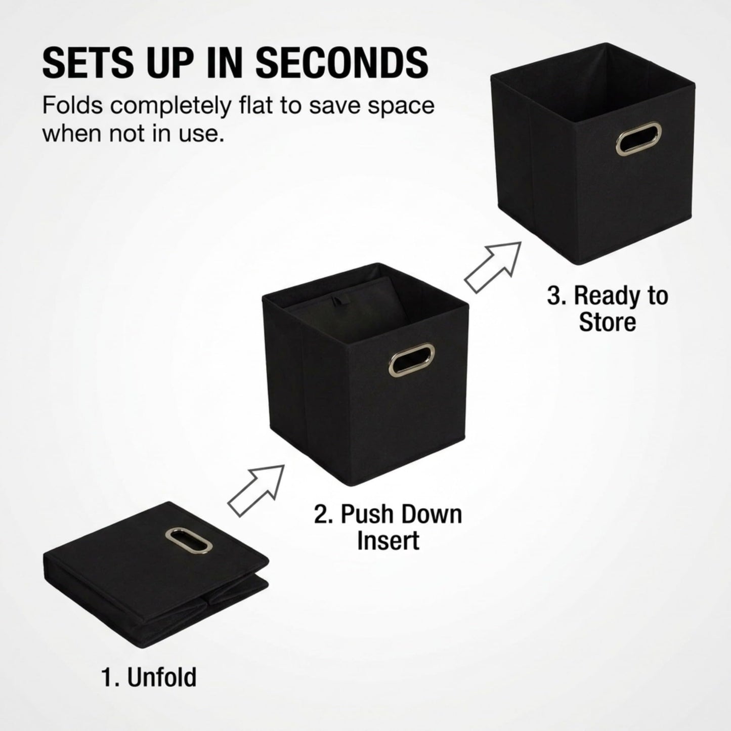 Household Essentials Foldable Fabric Storage Bins 6 Piece Set, Strong Poly-Woven Fabric, Sturdy Chipboard Sides, Grommet Front Handle, Stackable, Classic Design, Black