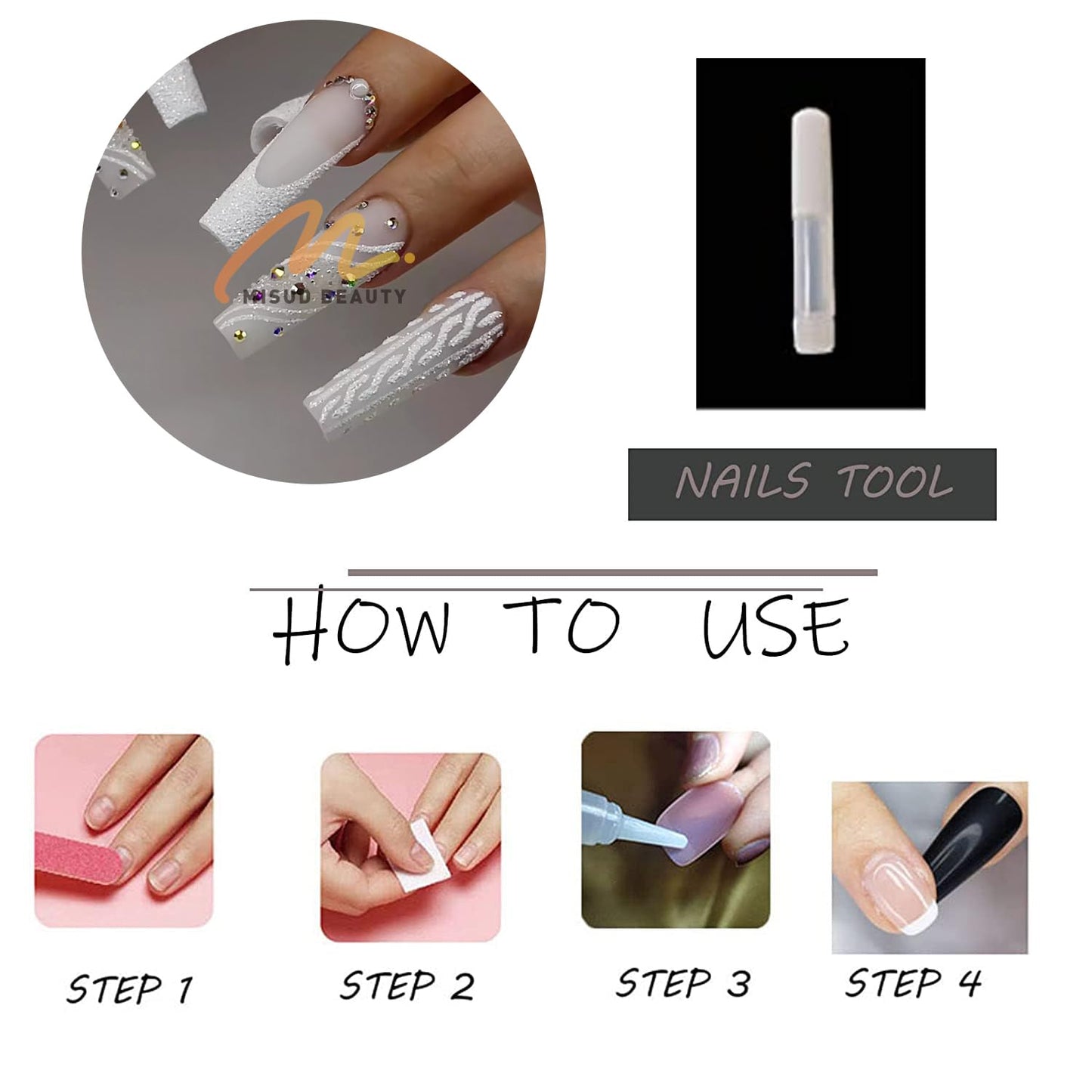 MISUD Press on Nails - Long Square Glue on Nails with White, Acrylic Wedding Bride Design 24 pcs