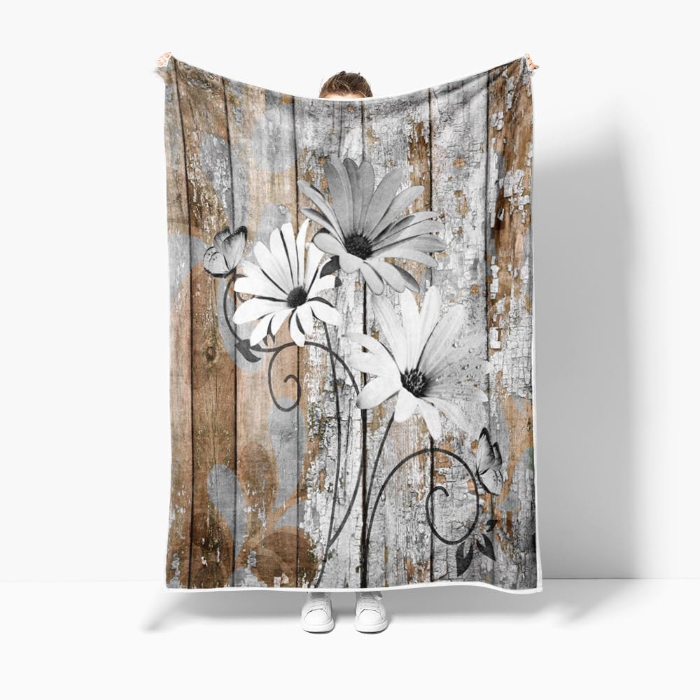 JAWO Farmhouse Flower Floral Throw Blanket, Rustic Grey Daisy Fleece Cozy Warm Bed Couch Blanket, Country Grey Brown Fleece Flannel Throws to Decorate The Room and Bedroom Warm Blanket 50X60IN