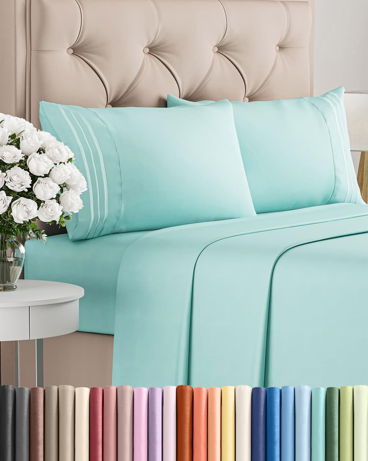Full Size 4 Piece Sheet Set - Comfy Breathable & Cooling Sheets - Hotel Luxury Bed Sheets for Women & Men - Deep Pockets, Easy-Fit, Extra Soft & Wrinkle Free Sheets - Spa Blue Oeko-Tex Bed Sheet Set