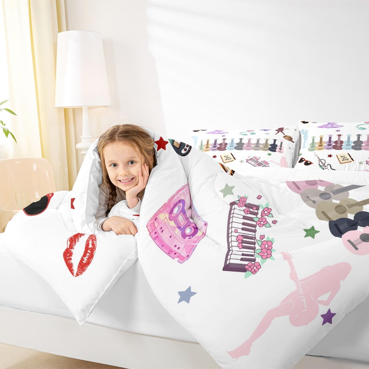 Erosebridal Music Comforter Set Music Theme Bedding Set Full Size Singer Fans White Down Comforter Fashion Birthday Valentines Day Gift Quilt Set for Musics Fans Lovers