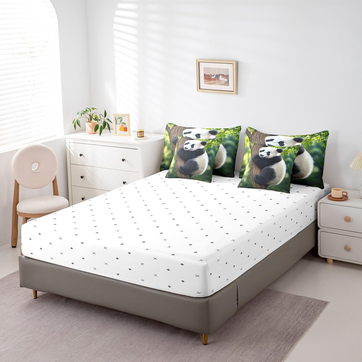 Feelyou Cute Panda Comforter Set 7 Pieces Full Size Kawaii Bear Bedding Set for Boys Girls Nature Bed in a Bag with Comforter, Sheets, Pillowcases & Cushion Covers