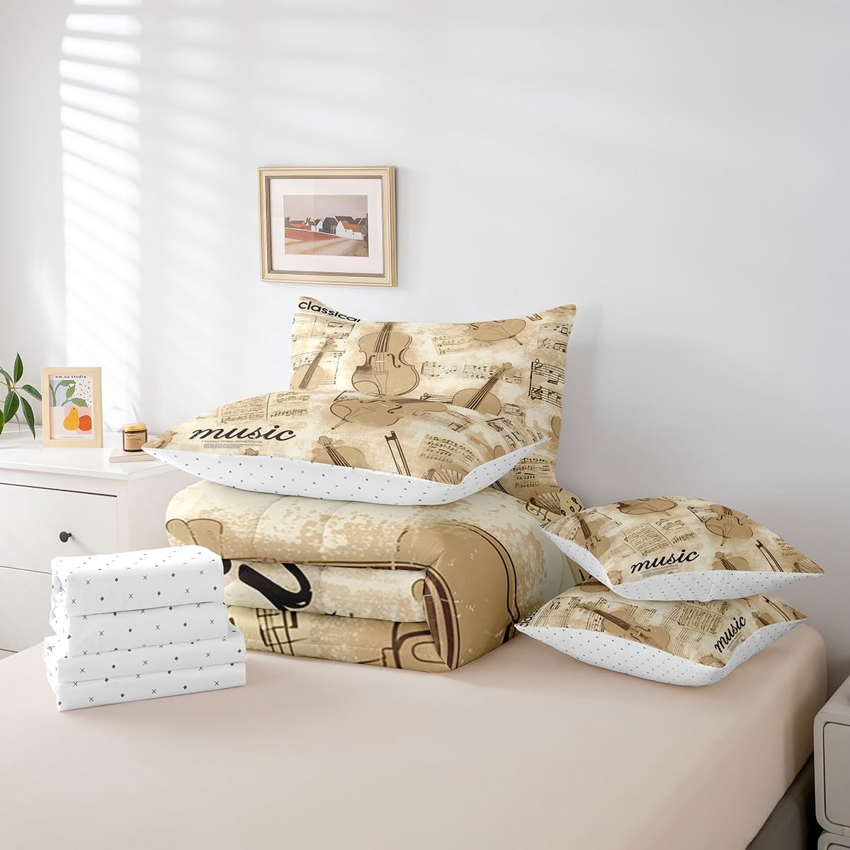 Erosebridal Vintage Violin Comforter Set 7 Piece Bed in a Bag Twin,Abstract Cello Bedding Sets Music Notes Comforter and Sheet Set,Violoncello Musical Instruments Bed Set