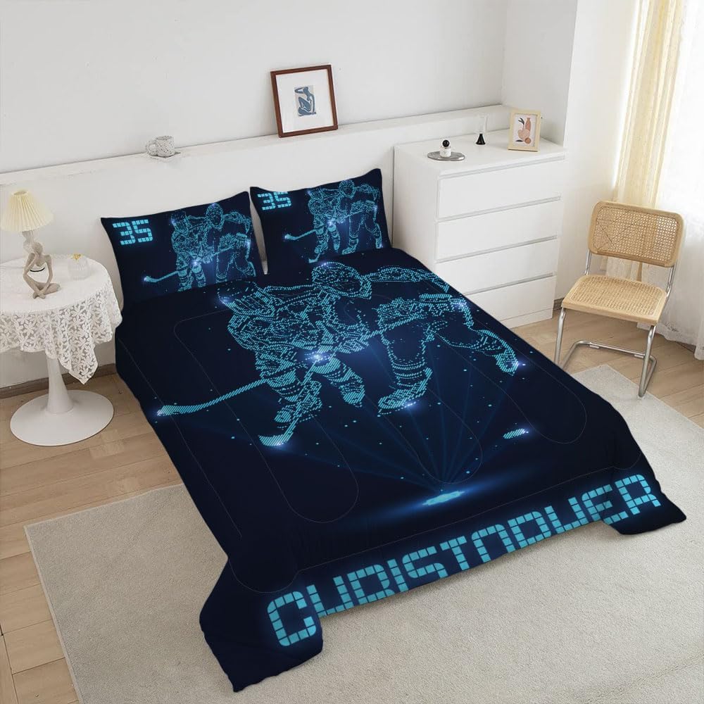 WAZARO Custom Amazing Ice Hockey Comforter Set, Personalized Hockey Bedding Twin Full Queen King, Hockey Decorations for Boys Room Bedspreads Sport Home Decor (Hologram Hockey Art)