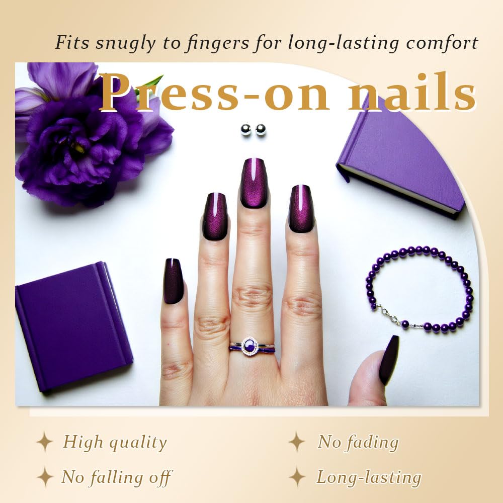 evpct Dark Purple Cat Eye Coffin Press on Nails Medium Square No Glue, Medium Square Stick on Nail for Women, Dark Purple Metallic Glitter Glossy Reusable Soft Press on Acrylic Fake Nail with Design