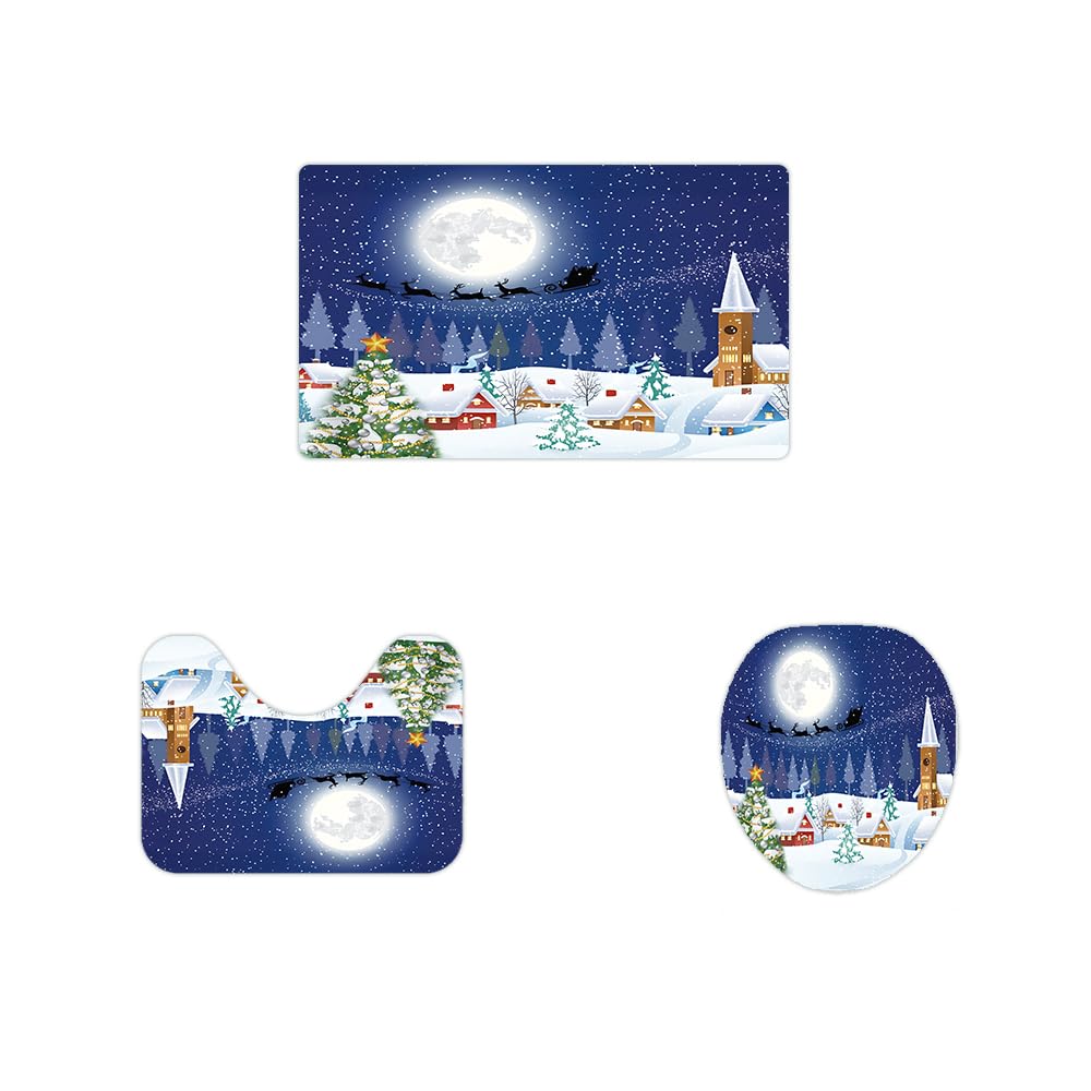 Czrqvyx 4PCS Christmas Holiday Winter Snowman Xmas Tree Santa Shower Curtain Blue Fabric Pine Moon Stars Snow Shower Curtain Christmas Bathroom Decor Curtain, 72Wx72H