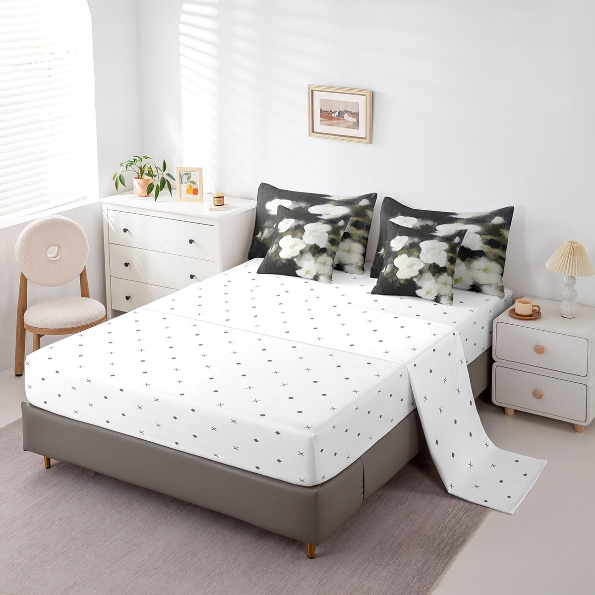 Erosebridal Oil Painting Flower Bedding Set for Kids Teens,Abstract Art Comforter Set Full Size,White Daisy (Comforter+Fitted+Flat Sheet+2 Pillowcases+2 Throw Pillow Covers) 7 Pieces Bed Set