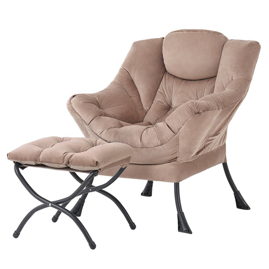 Tiita Lazy Chair with Ottoman, Khaki Modern Large Accent Chair, Comfy Leisure Sofa Armchair with Ottoman, Reading Chair with Footrest for Bedroom, Living Room, Dorm Rooms, Velvet Khaki