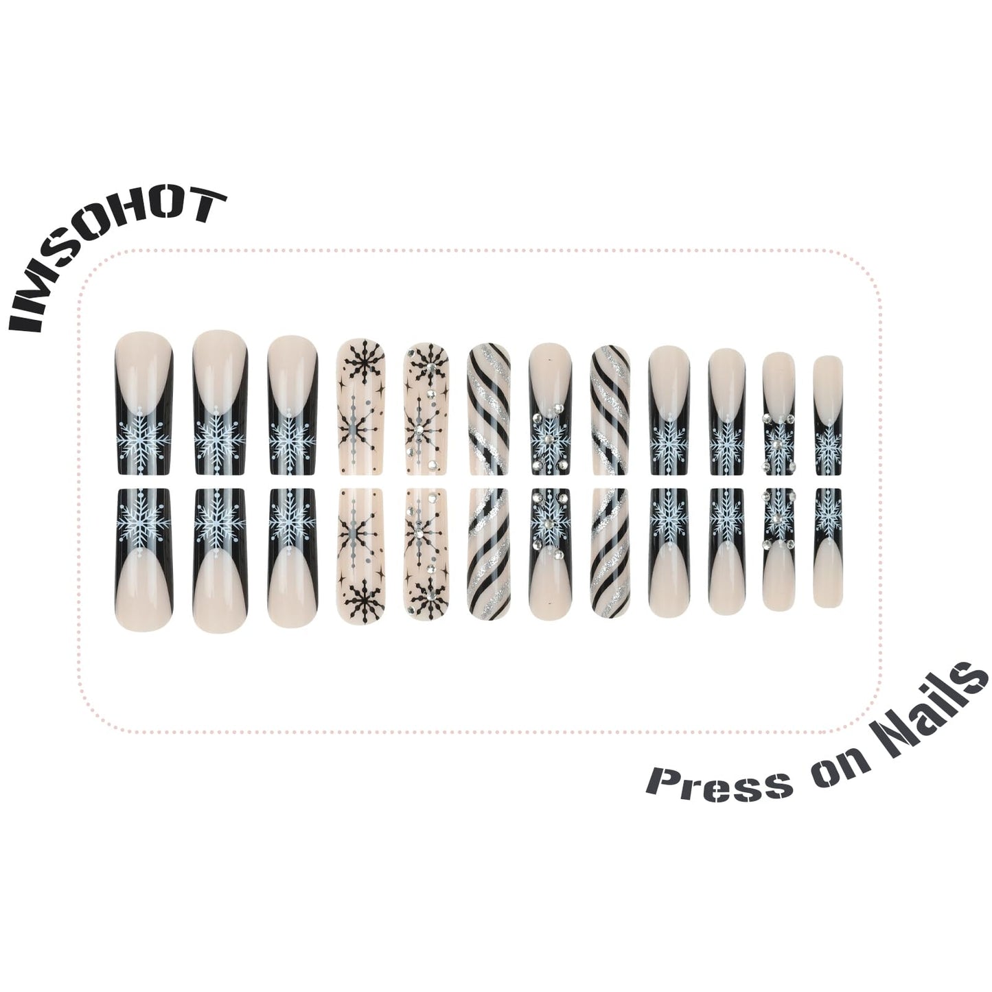 IMSOHOT Black Press on Nails Long Square Fake Nails Xmas Snowflake, Silver Glitter, Rhinestone | Acrylic Glossy False Nails Artificial Glue on Nails for Women DIY Manicure Decor