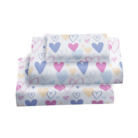 Softan Kids Bed Sheet Set, 3-Piece Twin Sheets Set, Microfiber Fitted Sheet with 15 Inches Deep Pocket and Corner Straps, Breathable & Silky Soft Love Heart Pattern Sheet and Pillowcase Sets