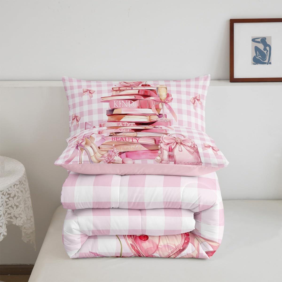 Erosebridal Girly Cute King Bedding Set for Teen Girl Kids | Pink Modern Fashion Comforter Set Pink White Plaid Bed Collections Trendy Coquette Duvet Quilt Sets