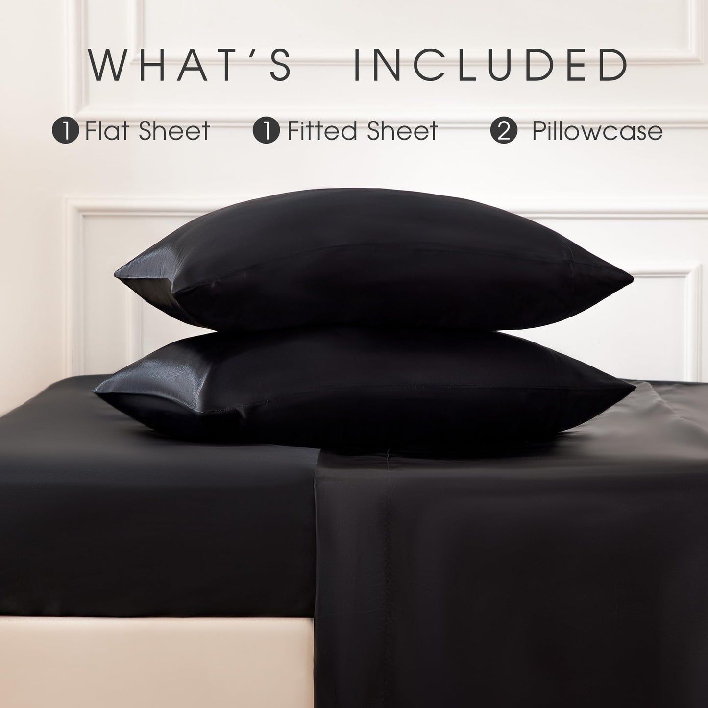 FreshCulture Satin Sheets King Size - 4 Piece Luxury Soft Silky Sheets for Hair and Skin, Similar to Silk Bed Sheet Set with 1 Deep Pocket Fitted Sheet, 1 Flat Sheet & 2 Pillowcases (Black)