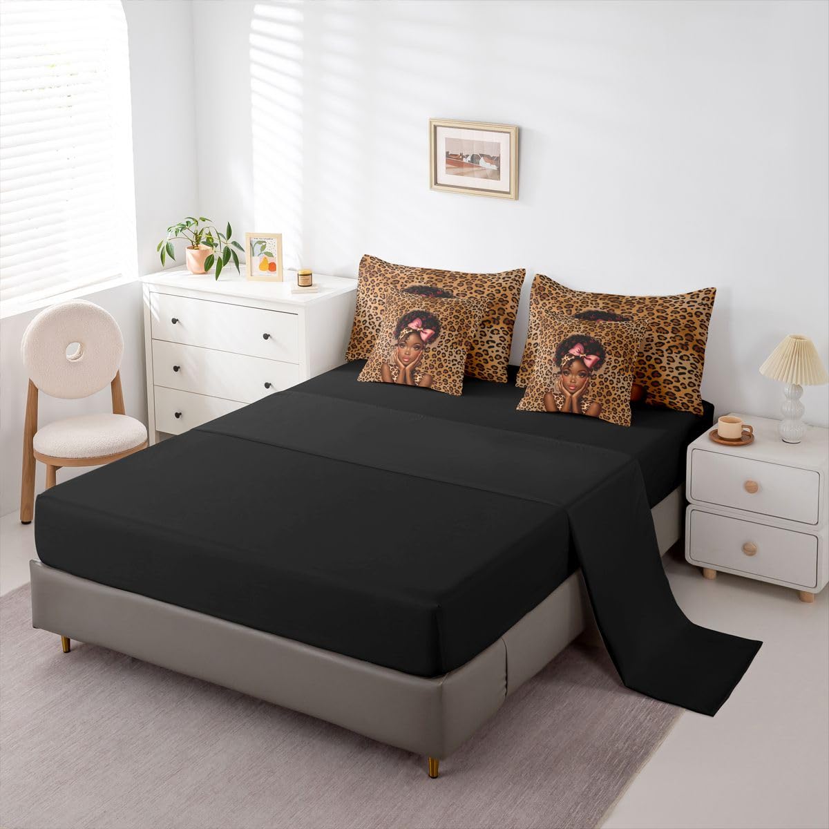 Erosebridal Bowknot Black Girls Queen Bedding Set Aesthetic Leopard Print Comforter Set with Flat and Fitted Sheet Teen Woman Animal Print 7-Piece Bed in a Bag Cute Red Cherry Quilt Sets