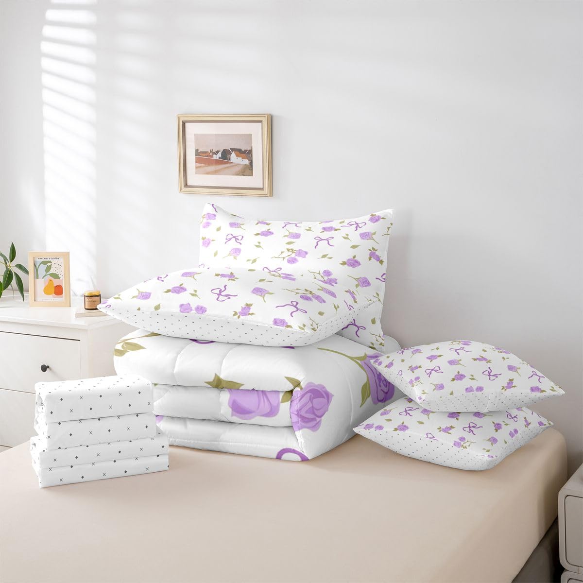 Erosebridal Ribbon Bow 7 Pcs Bedding Set Full Bowtie Comforter Set with Sheets Girly Princess Bowknot Bed in A Bag Fantasy Aesthetic Bedroom Decor