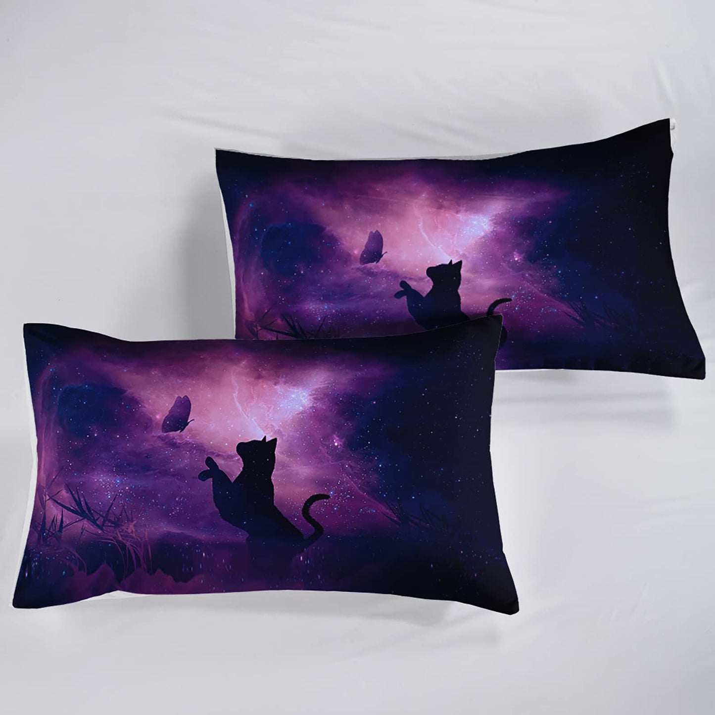 QOOMO Galaxy Cat Sheet Set,Butterfly Kids Bed Sheets,Universe 16" Deep Pocket Bed Sheet Set for Boys/Girls/Kids/Teens，4 Piece Sheet Set, 1 Fitted Sheet,1 Flat Sheet and 2 Pillowcases，Twin Size