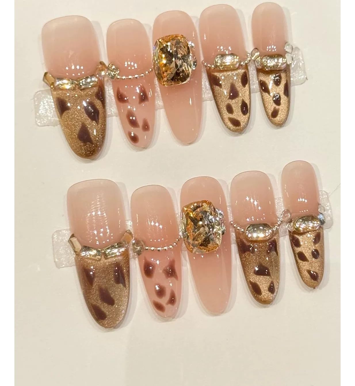 Handmade Press on Nails Long Stiletto Fake Nails French Tip Leopard print False Nails with 3D Rhinestones Designs Sparkly Gold luxury Artificial Nails Reusable for Women 10pcs (Size M）