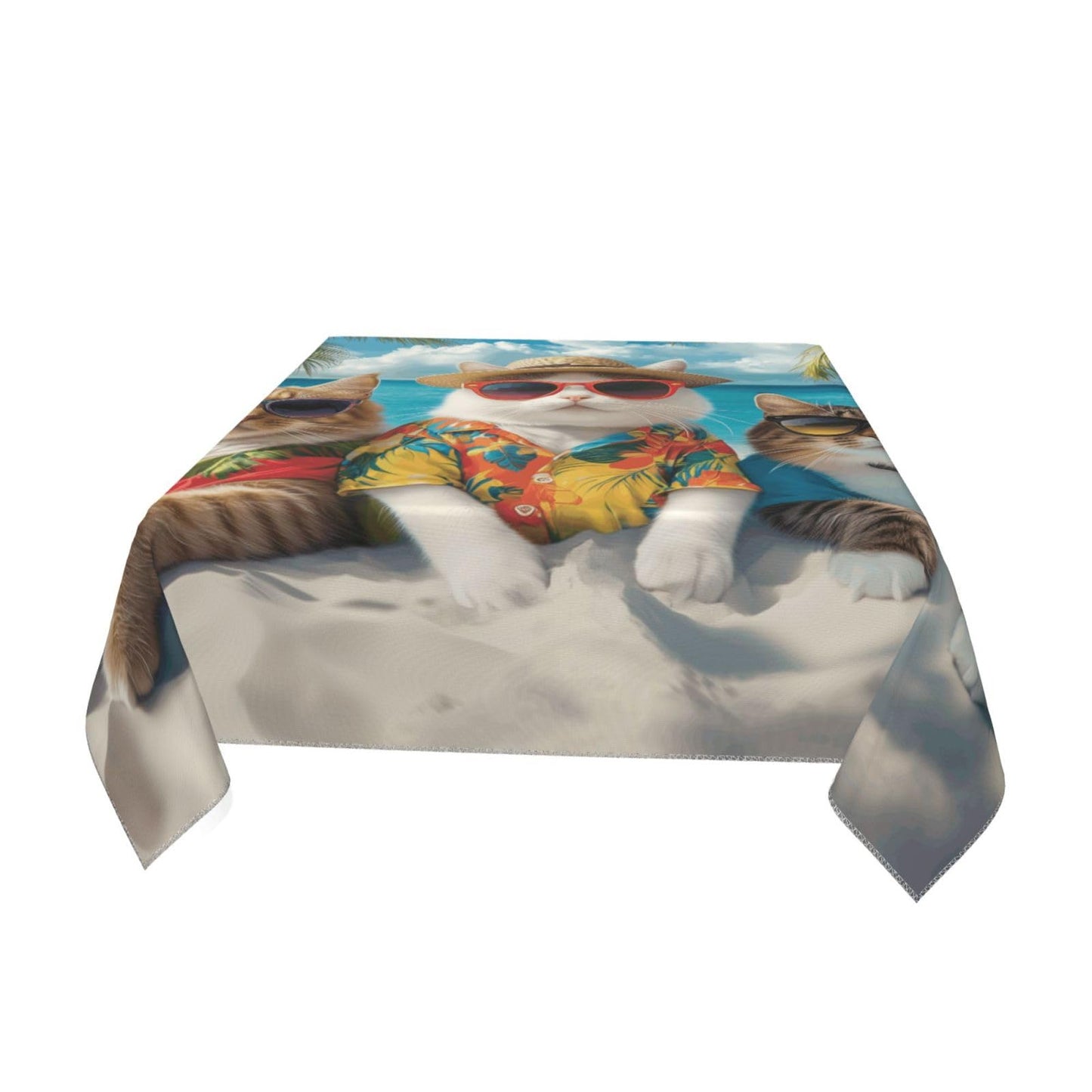 Entemne Square Table Cloth 55x55 Inch Funny Animal Cat Sea Beach Tablecloth Washable Soft Wrinkle Free Dust Proof Card Table Cover for Tea Party Picnic Kitchen Dining Decor