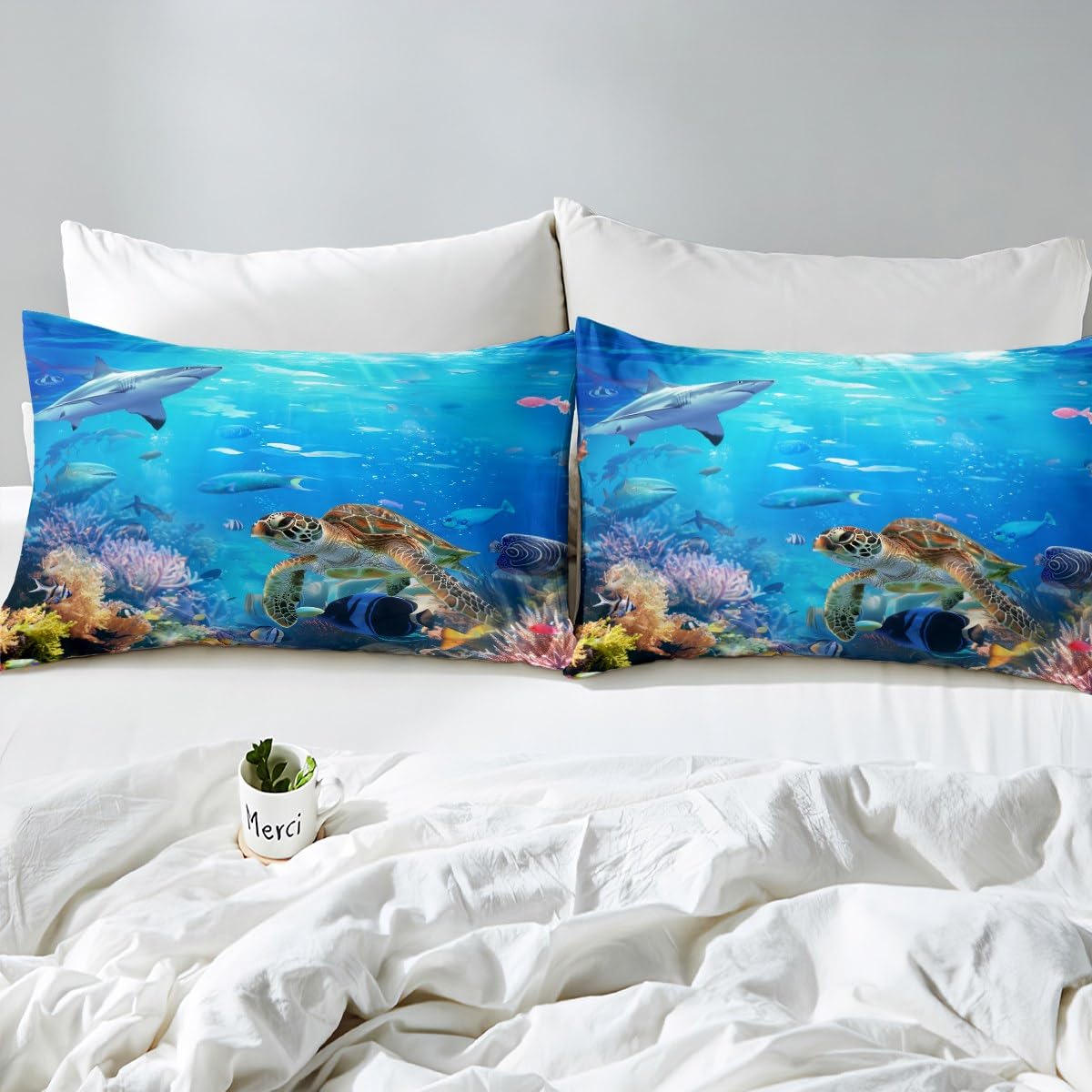 Erosebridal Sea Turtle Sheet Set Full Size, Shark Bed Sheets, Ocean Animals Fishes Fitted Sheet, Tortoise Rainbow Coral Bed Sheets, Home Textiles Bed Cover for Teens Boys Girls