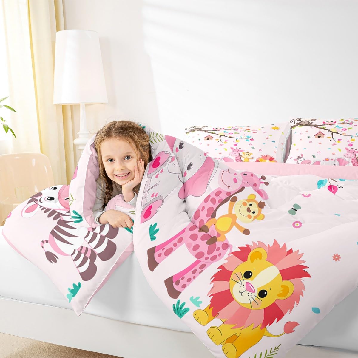 Erosebridal Pink Woodland Animal Comforter Set Twin Size Jungle Animals Bedding Set for Kids Girls BoysKawaii Lion Giraffe Comforter Cartoon Farm Wildlife Elephant Zebra Quilt Bedroom Decor