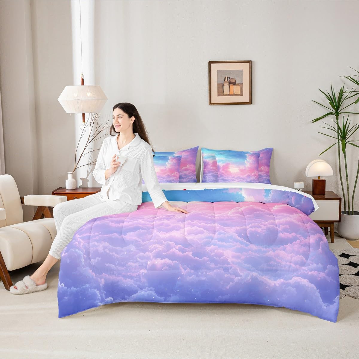 Cloud Sky 7 Pieces Bedding Set Twin Size Kids Girls Rainbow Bed in a Bag with Comforter, Sheets, Pillowcases Cute Lightweight Bed Set Breathable Ombre Starry Sky Room Decor Comforter Set with Sheets