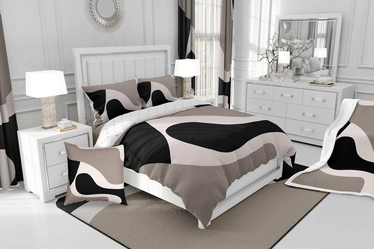 Erosebridal Black Beige Striped Duvet Cover King,Boho Modern Geometric Abstract Comforter Cover for Women Men Adults, Stripes Bold Lines Bedding Set,Minimalist Stylish Art Bed Set