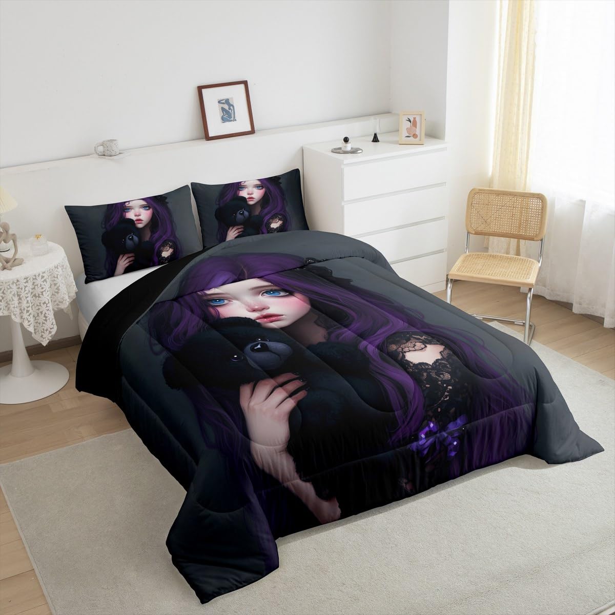 Erosebridal Anime Girl Comforter Set Twin for Kids, Kawaii Girl Duvet Insert Japanese Style Down Comforter for Girls Adult Japanese Animation Bedding Set for Bedroom Decor 1 Pillow Cases