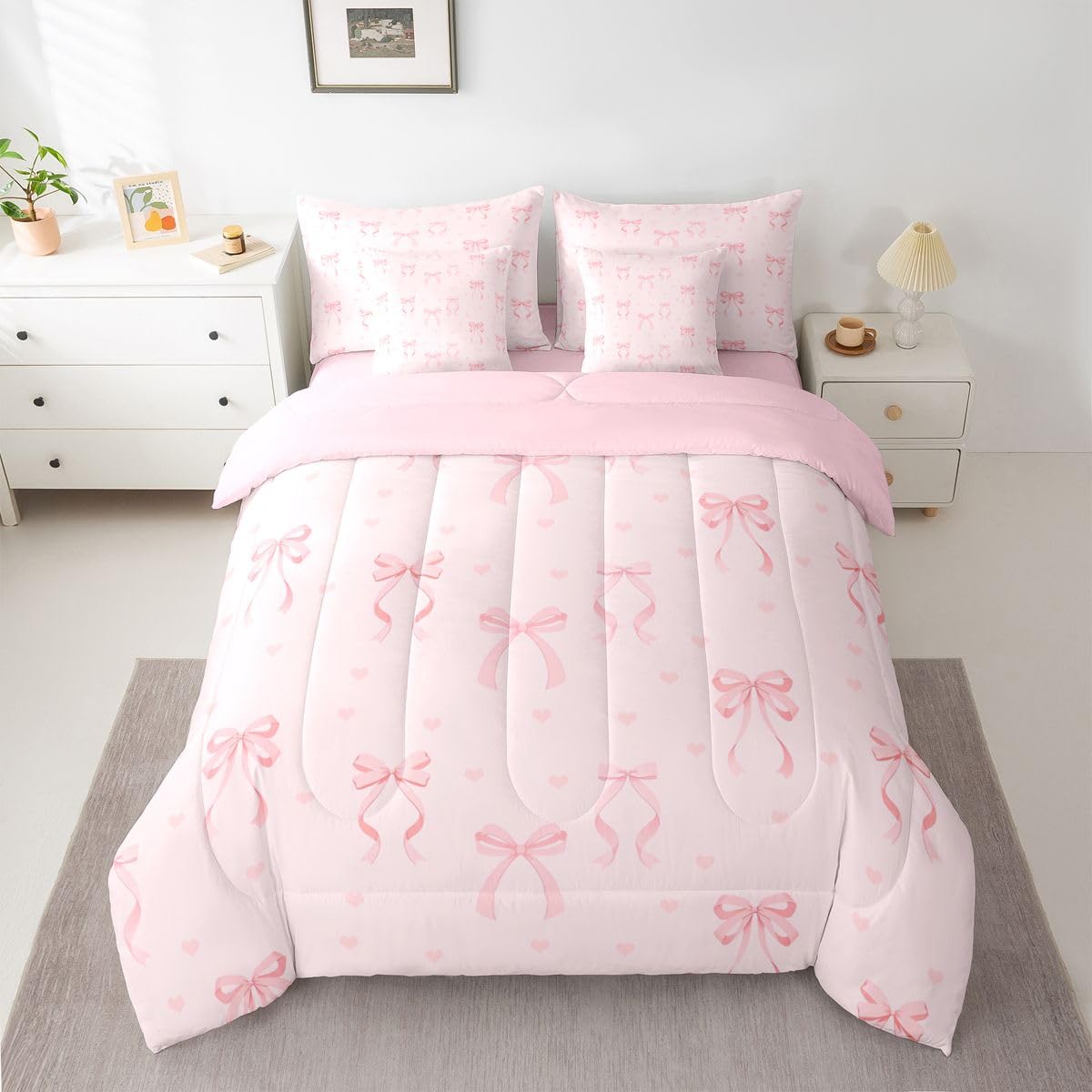 Erosebridal Pink Bow Comforter Set Princess Bowknot Bed in A Bag Full Size 7 Pieces Girly Pink Bows Bed Set Room Decor Ribbon Bow Knot Bedding with Sheets