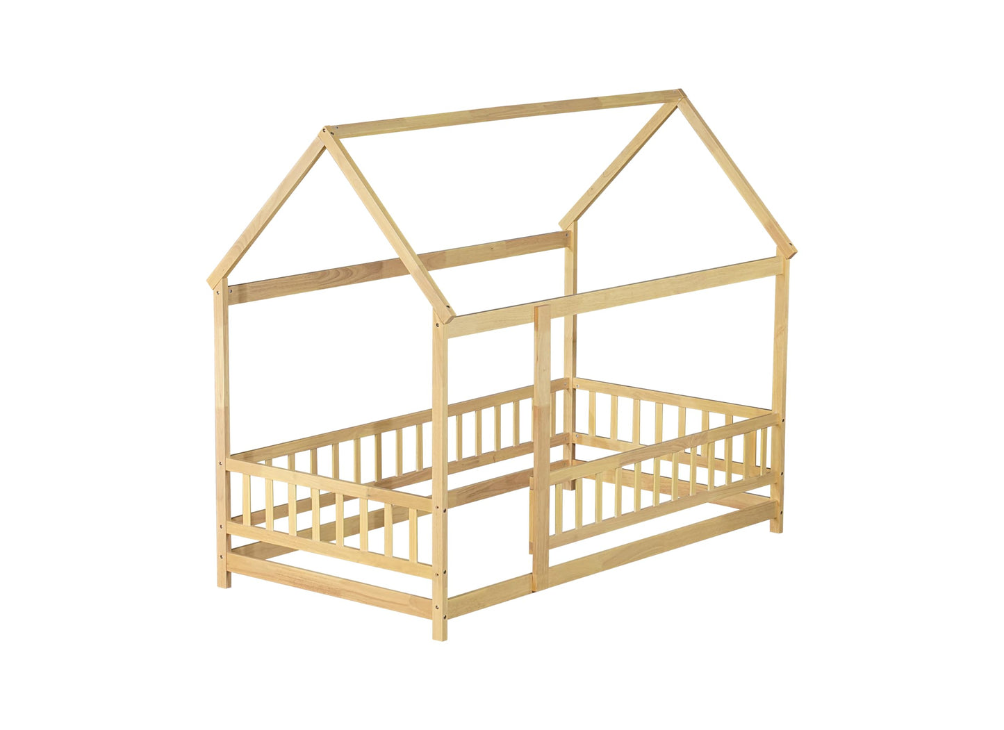 PVWIIK Twin Montessori Floor Bed with High Rails & Roof for Kids Bedroom,High Rails Bed Frame with Fence,No Box Spring Needed, Natural