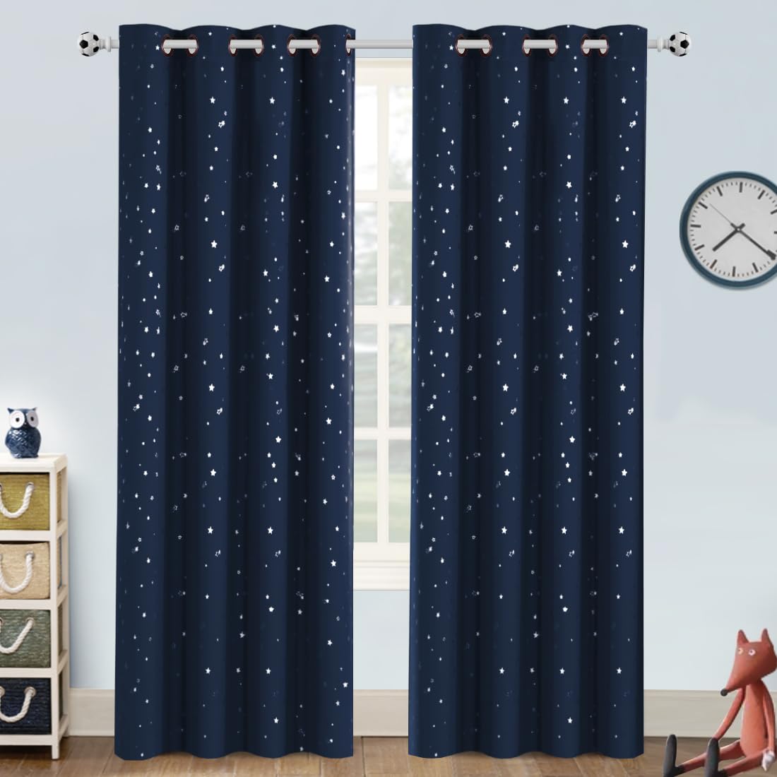 PrinceDeco Blackout Kids Curtains for Bedroom Thermal Insulated Silver Twinkle Star Curtains for Boys Antique Grommet Top Window Treatment 2 Panels Drapes for Nursery (52" W x 84" L, Navy/Silver)